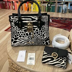 NEW Michael Kors Hamilton Animal Print Satchel and Wallet